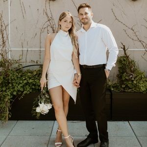 Asymmetric White Turtleneck Open Back Dress